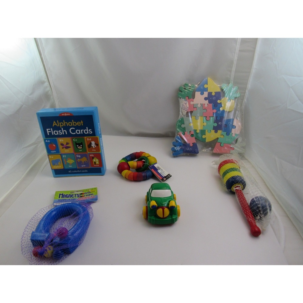 Lot of 6 Educational Toddler Toys: eeBoo Flash Cards, Wooden Teether, Puzzle